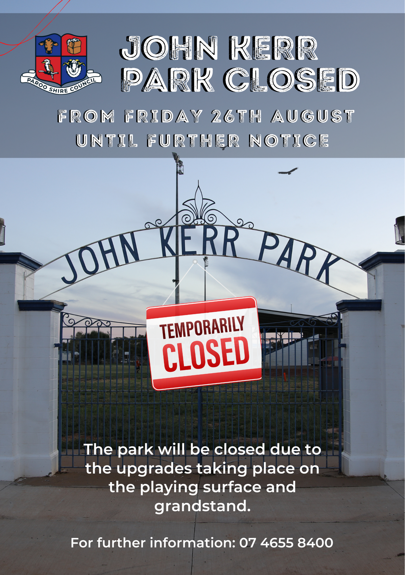 John Kerr park will be closed from Friday 26th August 2022 due to the upgrades taking place on the playing surface and grandstand.