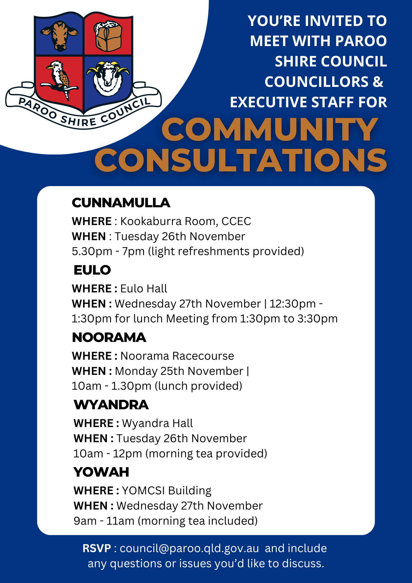 Nov 2024 paroo community consultations dates, locations and time