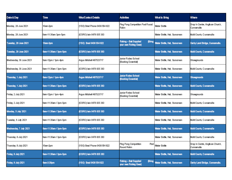 School Holiday Programme June July 2021